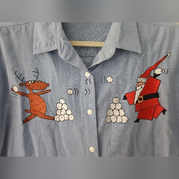 Falls Creek Vtg Christmas Button Up Shirt Santa Reindeer Snowfight 18W - Picture 2 of 10